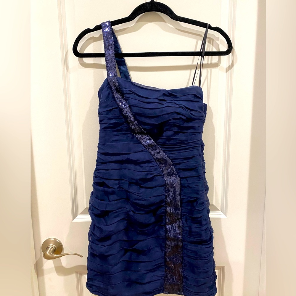 One Shoulder Navy Cocktail Party Dress with Sequin Detail Size 2